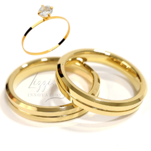 Par Aliança Casamento Chanfrada Friso 4mm Com 6 Camadas Ouro 18k em Tungstênio